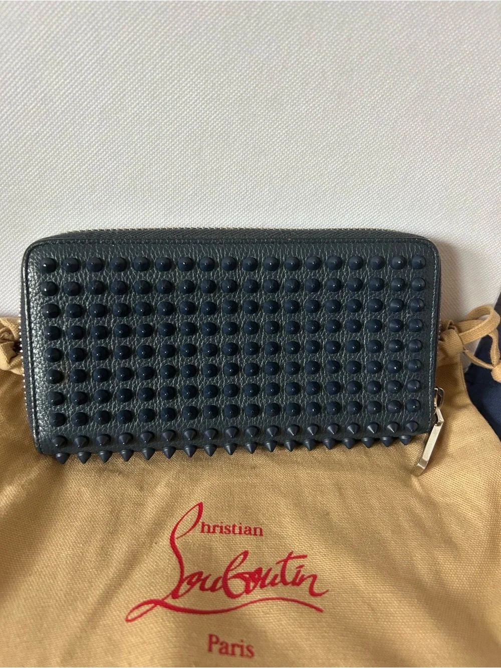 Christian Louboutin - Navy - Spiked Full-Grain Leather Zip-Around Wallet